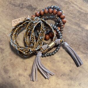 Braided Beaded Stretch & Wrap Bracelet Set with Tassels